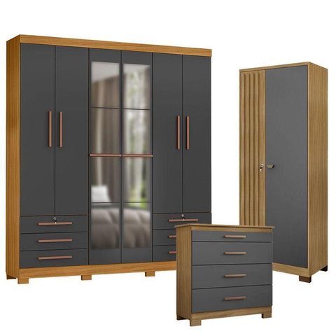 Guarda Roupa Casal Londres com Espelho com Cômoda 4 Gavetas New e Armário Multiuso Versatile