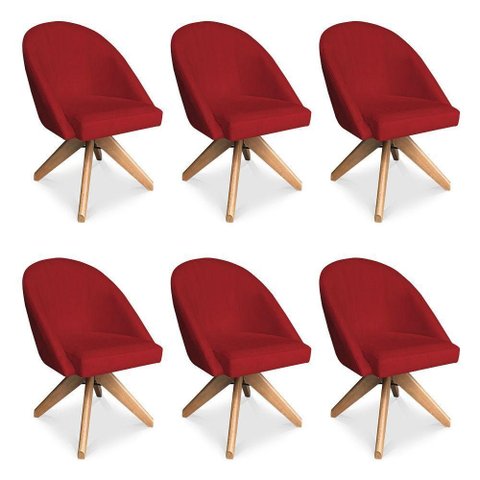 Kit 6 Poltronas Cadeira Giratória Bela Suede Base Madeira Vermelho Pallazio