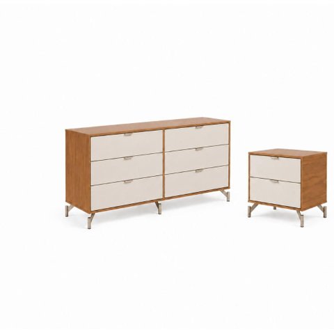 Conjunto Cômoda com 6 Gavetas e Mesa de Cabeceira Glow - Canella com Off White Fosco