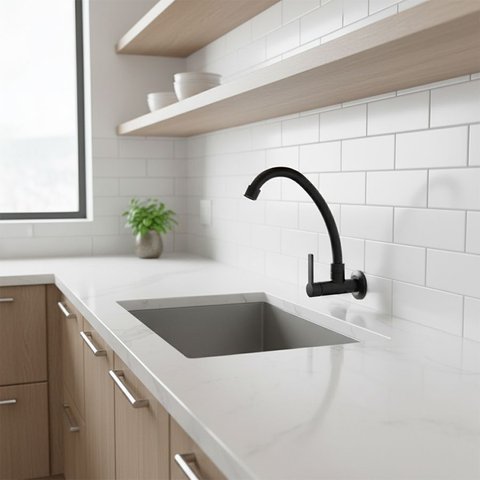 Torneira Pia Cozinha Parede Bica Móvel com Arejador Abs 1/4v Preto Fosco