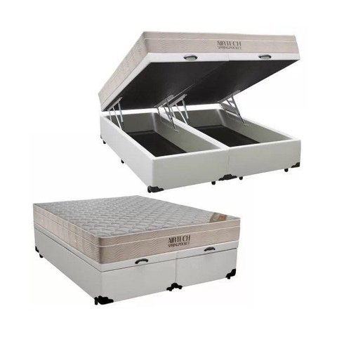 Cama Baú Queen Bipartido Branco Colchão Molas Ensacadas Airtech Springpocket 158x198 - Ortobom