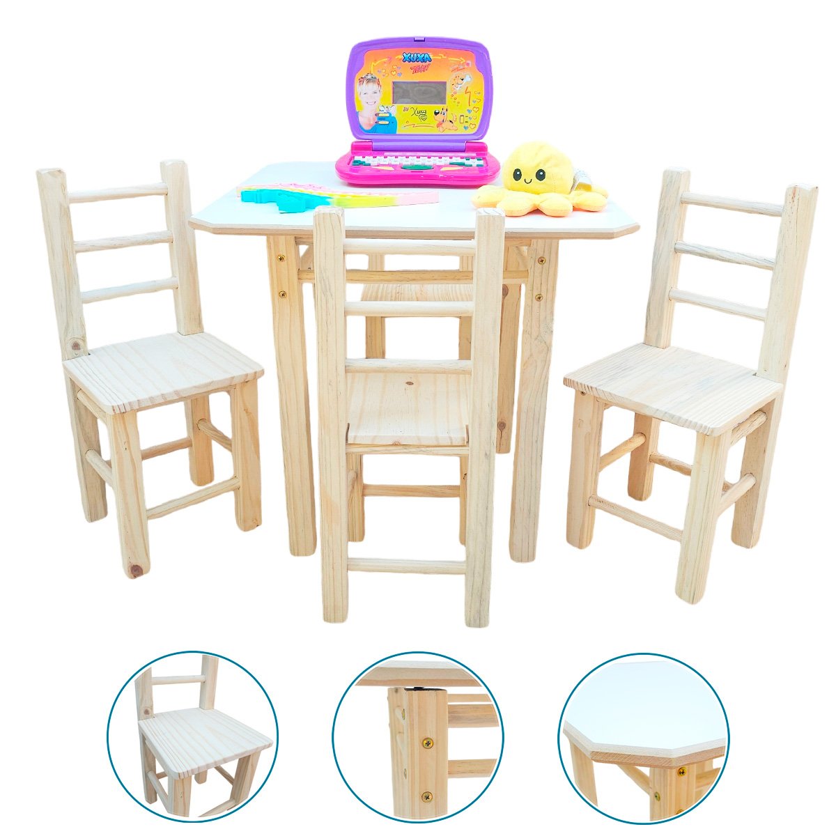 Conjunto de Mesa com 4 Cadeiras Infantil de Madeira Maciça Resistente Natural - 2