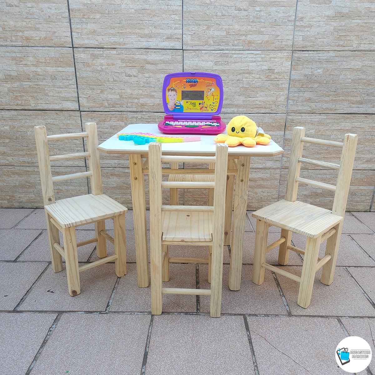 Conjunto de Mesa com 4 Cadeiras Infantil de Madeira Maciça Resistente Natural - 4