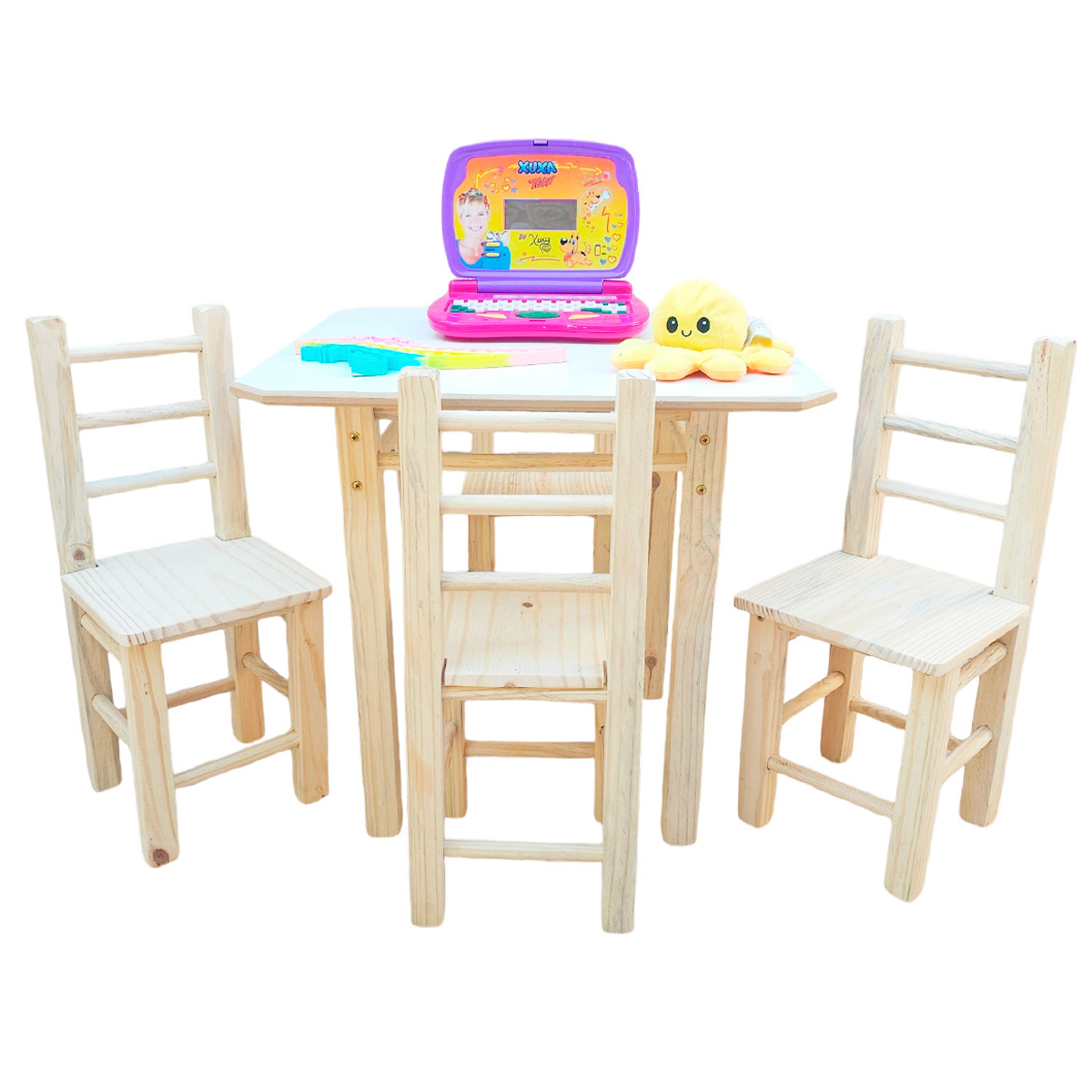 Conjunto de Mesa com 4 Cadeiras Infantil de Madeira Maciça Resistente Natural