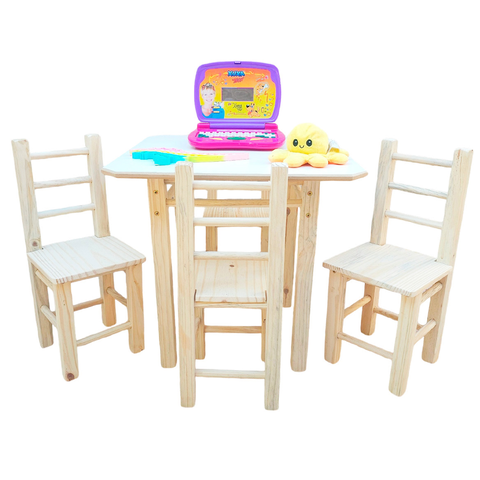 Conjunto de Mesa com 4 Cadeiras Infantil de Madeira Maciça Resistente Natural