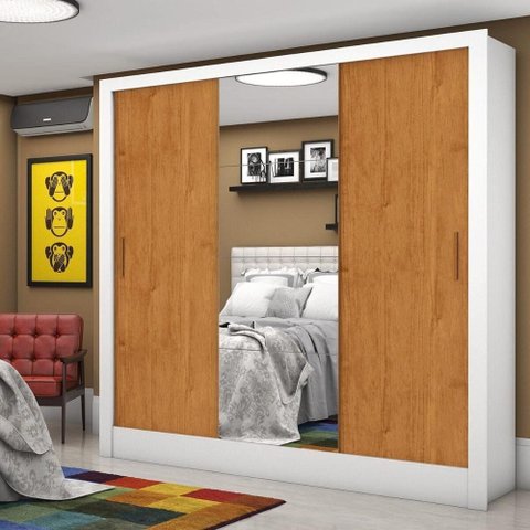 Guarda-Roupa Casal com Espelhos 3 Portas 3 Gavetas 179cm Multimóveis CR35565 Branco/Madeirado