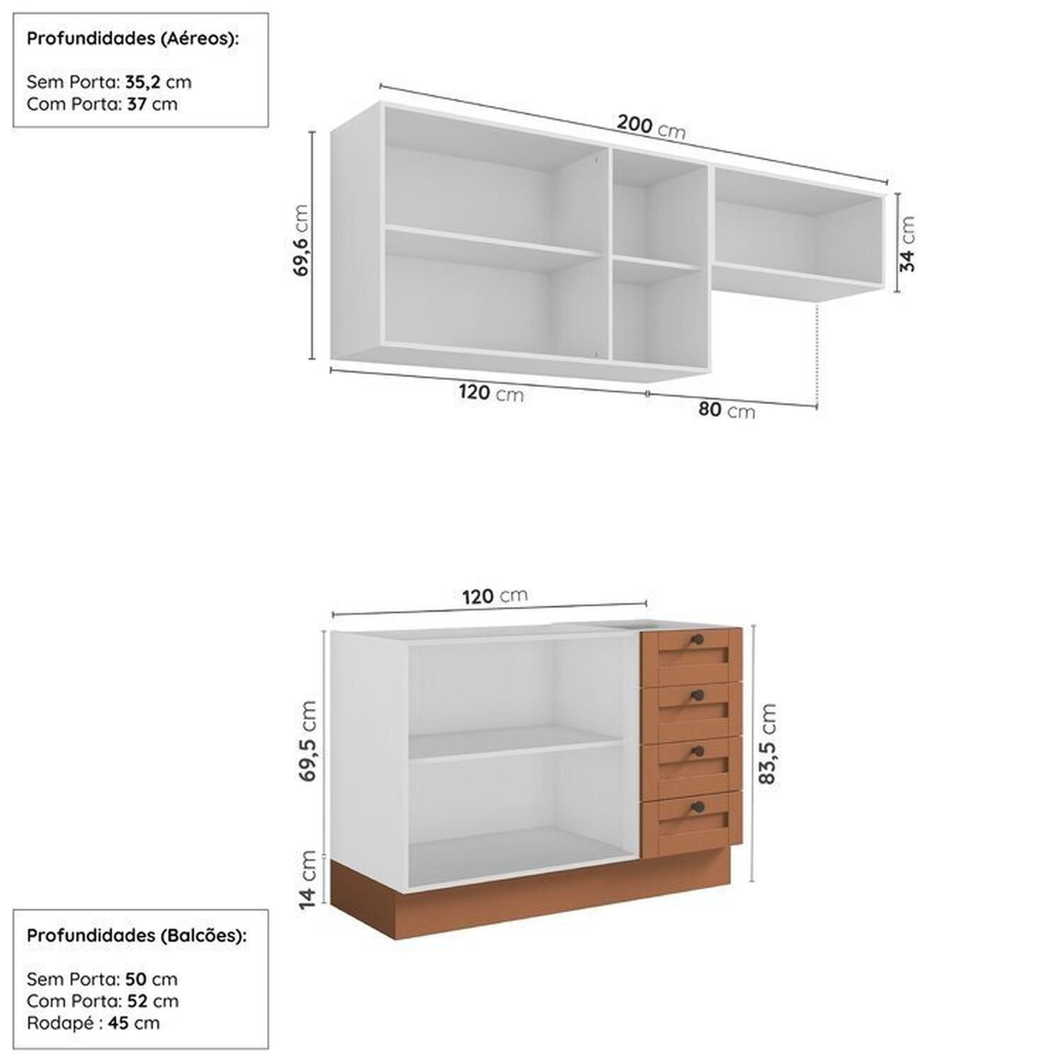 Cozinha Modulada 3 Peças 2 Aéreos 1 Balcão Arizona Cabecasa Madeiramadeira - 3