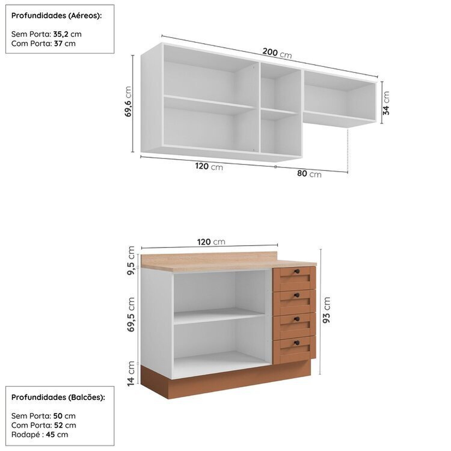 Cozinha Modulada 3 Peças 2 Aéreos 1 Balcão Arizona Cabecasa Madeiramadeira - 3