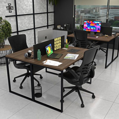 Escrivaninha Mesa Escritório 2 Lugares 120cm Industrial Nogal e Preto Marrom