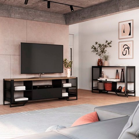 Conjunto Sala Industrial Rack e Aparador Preto Placa e Ponto P1017 P1021