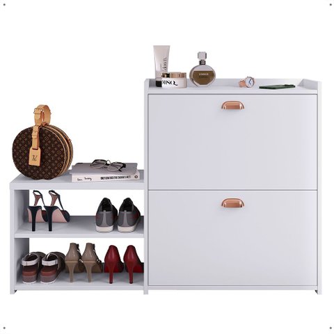 Banco Sapateira Milano 2 Gavetas Prateleira Porta Calçados Quarto Hall Entrada Retrô Branco - Rpm