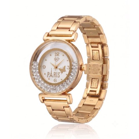 Relógio Feminino Luxo Paris com Strass Dourado/Branco + Caixa