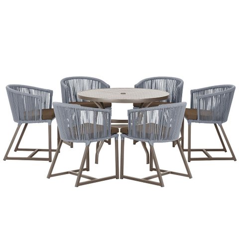 Mesa com 6 Cadeiras de Jantar Roma 120cm e Noronha em Alumínio Marrom Corda Náutica Estofado 9 Trama