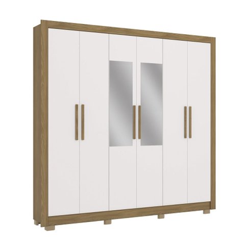 Guarda Roupa Casal 6 Portas com 3 Gavetas Pés e Espelhos 232cm Cb03m569 Kappesberg - Nogueira/branco