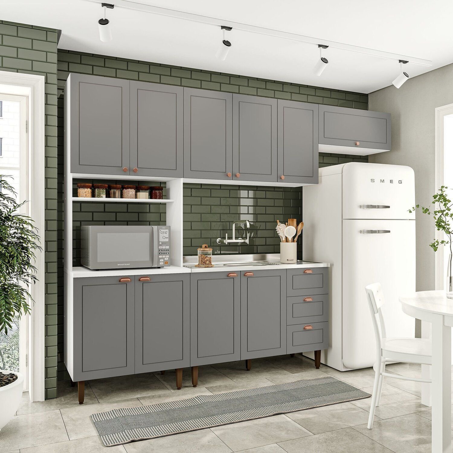 Cozinha Pérola com 4 Peças Paneleiro/Torre Quente Aéreo 3 Portas Balcão 120 e Basculante Yescasa Cinza/Branco