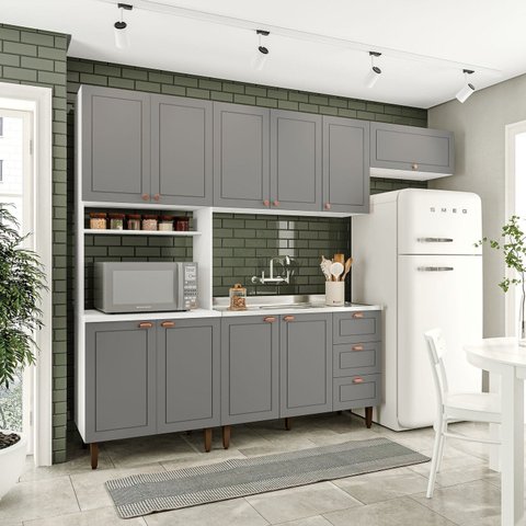Cozinha Pérola com 4 Peças Paneleiro/Torre Quente Aéreo 3 Portas Balcão 120 e Basculante Yescasa Cinza/Branco