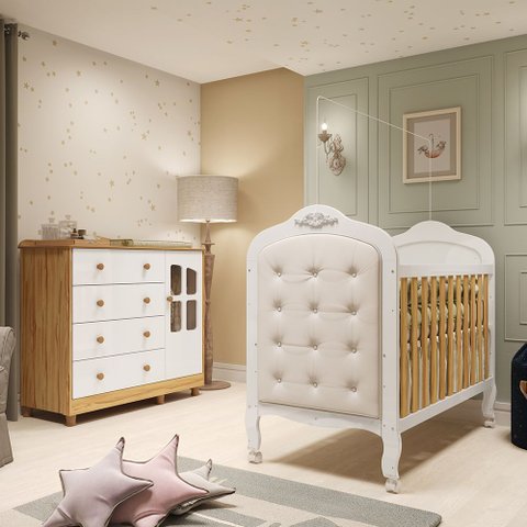Quarto de Bebê com Cômoda 1 Porta com Janela e Berço Capitonê 100% MDF Maya Clássico Espresso Móveis Branco/Brilho/Amêndoa