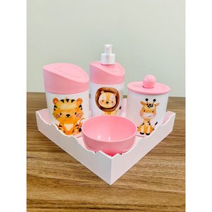 Kit Higiene Leão, Girafa e Tigre - Rosa C/bandeja Quadrada Rosa