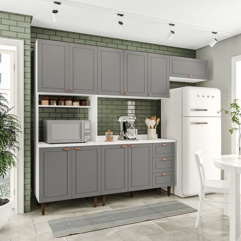Cozinha Completa Modulada 280cm com Tampo 4 Peças Pérola Yescasa Cinza/Branco