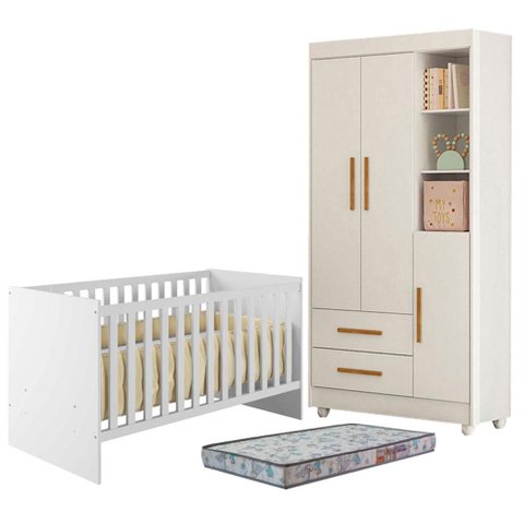 Berço Nacional Life 2186 com Guarda Roupa Flocos Branco Acetinado Colchão Sleep - Tigus