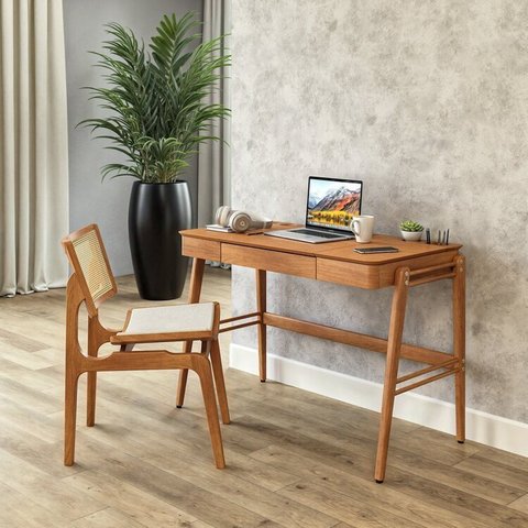 Conjunto 2 Peças para Escritório com Escrivaninha e Cadeira em Madeira Maciça Champagne