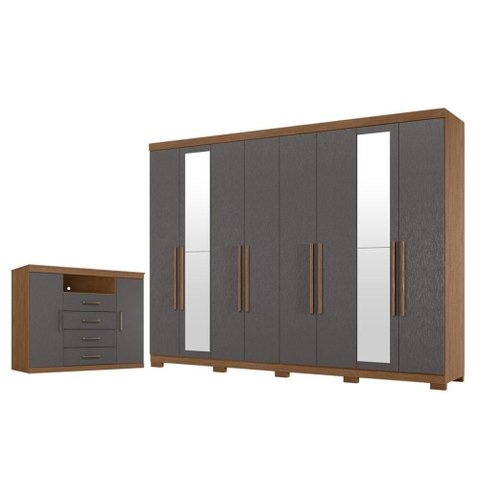 Guarda Roupa Casal com Cômoda Master New 8 Portas de Bater 4 Gavetas MDP Jatobá Grafite Acetinado