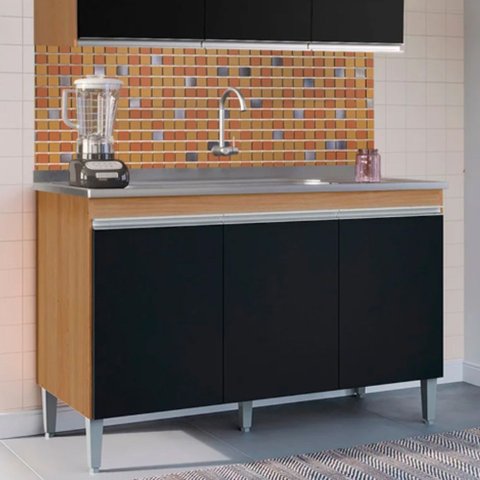 Balcão Manu com Pia e Cuba Ghelplus 120cm Amêndoa Preto Ajl Móveis