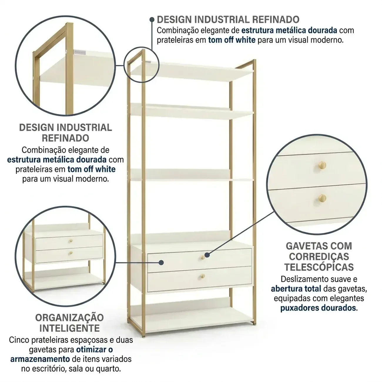 Ver imagem 4 de Armário Multiuso Industrial 2 Gavetas e 5 Prateleiras 202x89cm Branco/Dourado