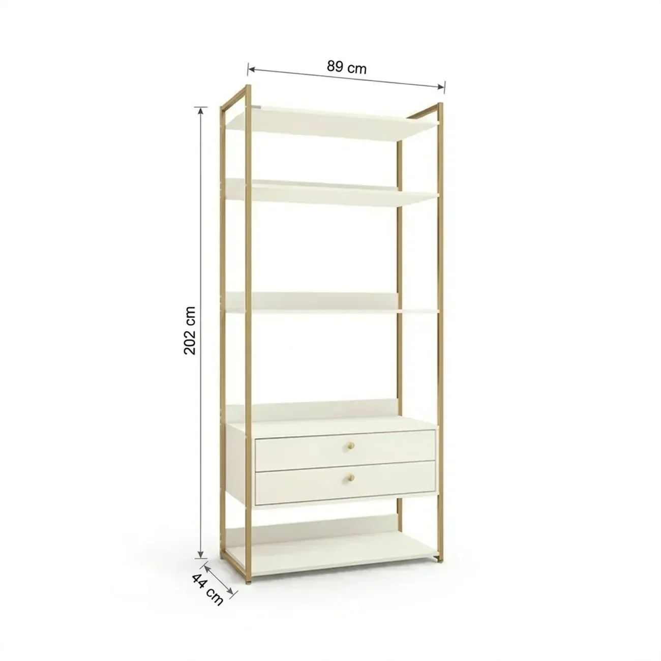Ver imagem 3 de Armário Multiuso Industrial 2 Gavetas e 5 Prateleiras 202x89cm Branco/Dourado
