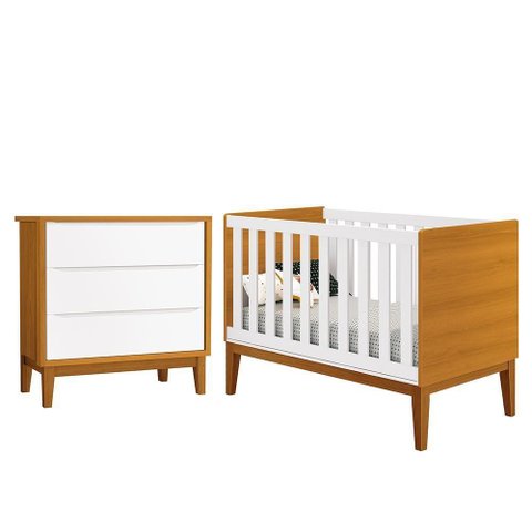 Jogo de Quarto Infantil Cômoda 3 Gavetas e Berço Classic Branco Savana com Pés Amadeirado Reller