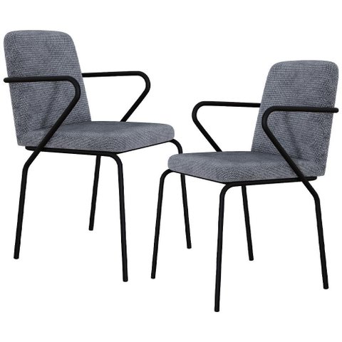Kit 02 Cadeiras Estofada para Sala de Jantar com Braço Loft Preto C01 Linho Prata - Lyam Decor