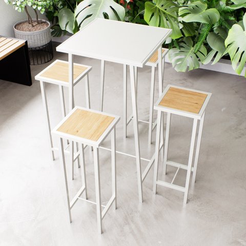 Conjunto Mesa Alta Bar Bistrô Branca Alta 4 Bancos Pinus Botequim Industrial White Don Castro Decor