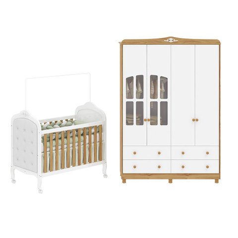 Quarto de Bebê Guarda-Roupa com Janelas e Berço com Capitonê Maya Clássico 100% MDF Espresso Móveis Branco/Brilho/Amêndoa