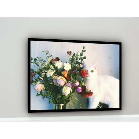 Quadro Decorativo Foto Gata Atras Vaso Flores - 70x50cm:moldura Preta