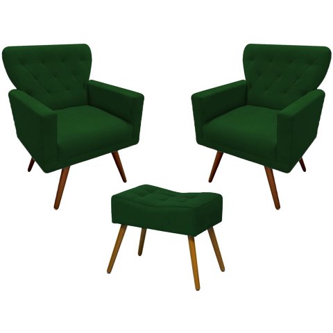 Kit 2 Poltronas Decorativa Aurora + 1 Puff Retangular Suede Verde Pés Madeira Mz Decor