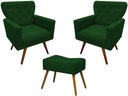Ver imagem 1 de Kit 2 Poltronas Decorativa Aurora + 1 Puff Retangular Suede Verde Pés Madeira Mz Decor