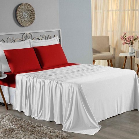 Jogo de Cama Casal Viúva Nobre 4 Peças Malha 100% Algodão - Branco / Vermelho