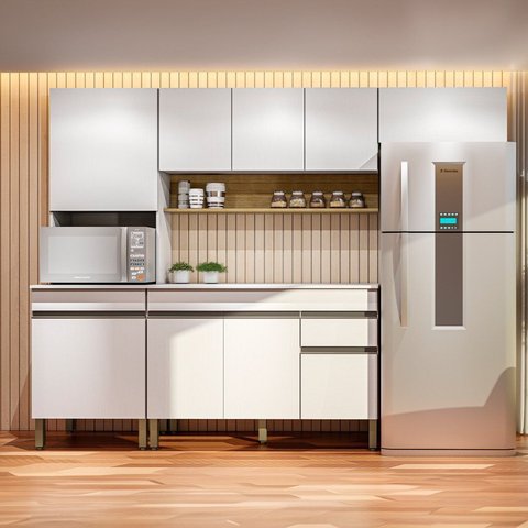 Cozinha Compacta Modulada 4 Peças com Balcão 120cm com Tampo Line Branco/Supremo/Freijó