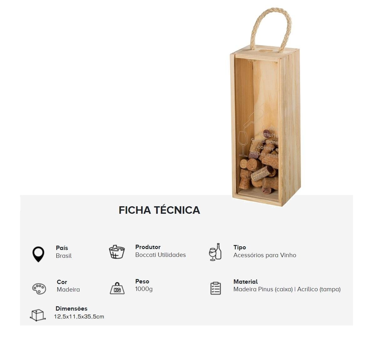 Caixa Porta Rolhas de Madeira Pinus para 1 Garrafa Presente - 3