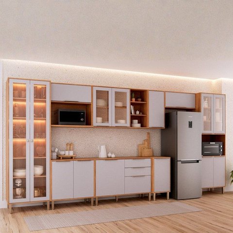 Cozinha Modulada 9 Peças Brilhante 1 Cristaleira 3 Balcões 4 Armários Aéreo 1 Torre Cinamomo/Platina