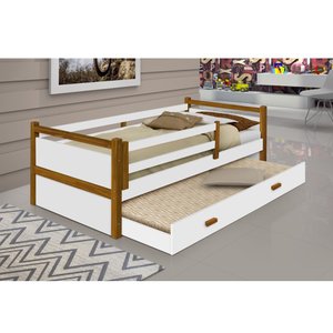 Cama de Criança Infantil Bianca Solteiro Com Cama Auxiliar - Branco e Amêndoa
