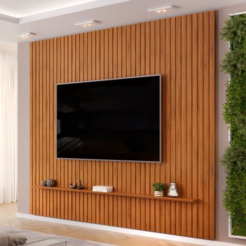 Painel Ripado para TV 75 pol Sala Quarto 275x240cm Lexa D05 Freijó - Lyam Decor
