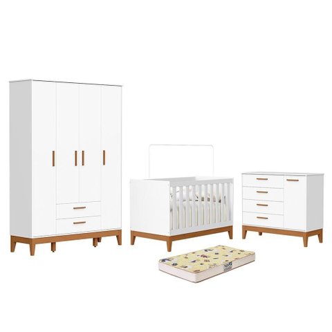 Dormitório Infantil Flip Guarda Roupa 4 Portas, Cômoda 1 Porta e Berço Branco Fosco com Colchão