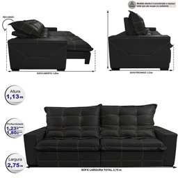 Sofá de Courino Retrátil e Reclinável 2,75m Cama inBox Bourbon SoftGel D40 Preto - 2
