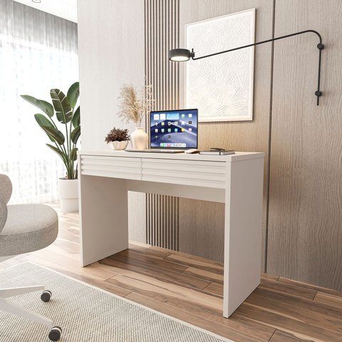 Escrivaninha Mesa Escritório Samambaia 2 Gavetas 108,2cm CabeCasa MadeiraOriginals Off White Cinza