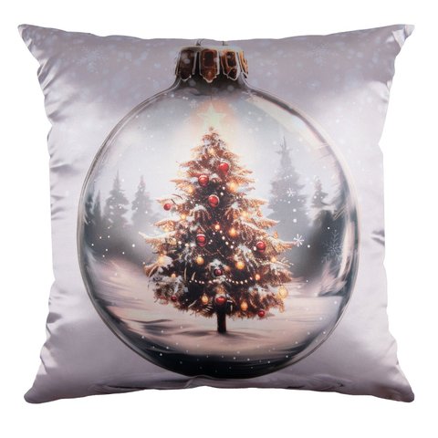 Capa Almofada Cetim Bola de Natal Globo de Neve 43x43cm