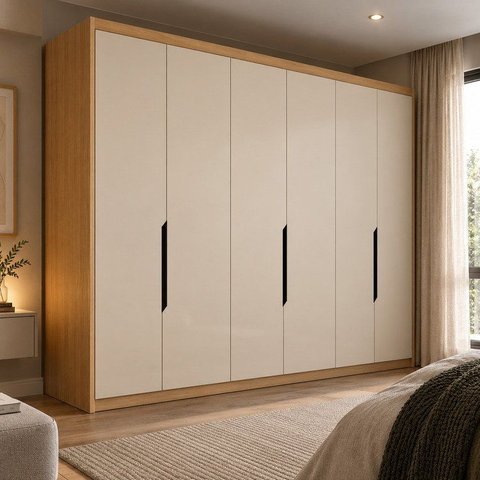 Guarda Roupa Casal 6 Portas 100% MDF Off White e Carvalho Barcelona Bege