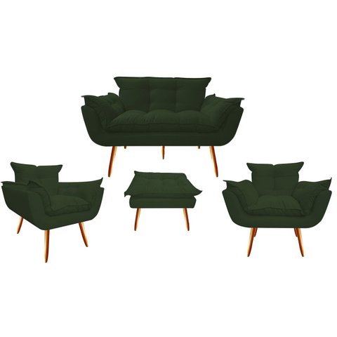 Kit Namoradeira + 2 Poltronas + 1 Puff Decorativo Opala Suede Verde Pés Madeira Ms Decor