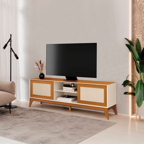 Rack para TV até 75 Polegadas 100% MDF 180cm Portas em Tela Rattan Andros Bege Off White/Cedro