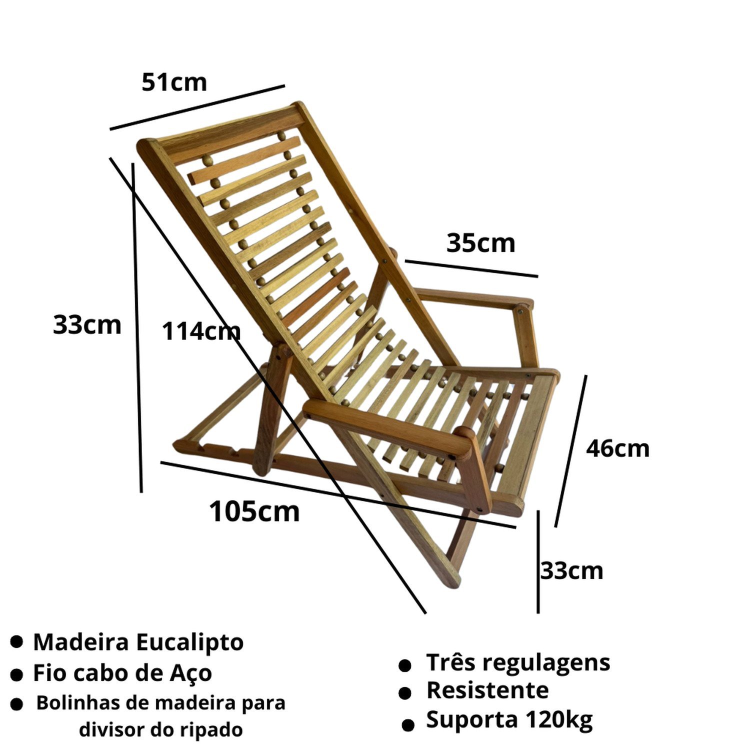 Cadeira Espreguiçadeira de Madeira para Jardim Tamanho Ajustável - 6